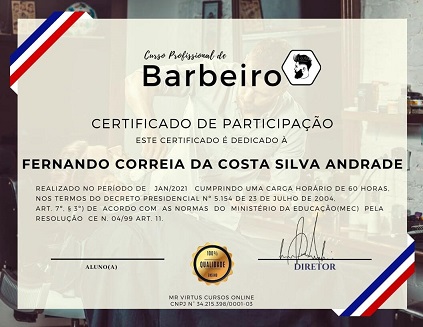 Certificado Curso Cabeleireiro Masculino Profissional em Pindamonhangaba SP