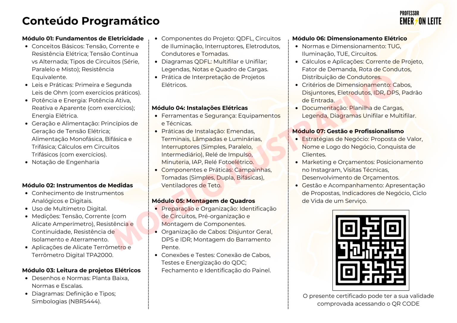 Certificado do Curso Eletricista Residencial - Conteúdo Programático